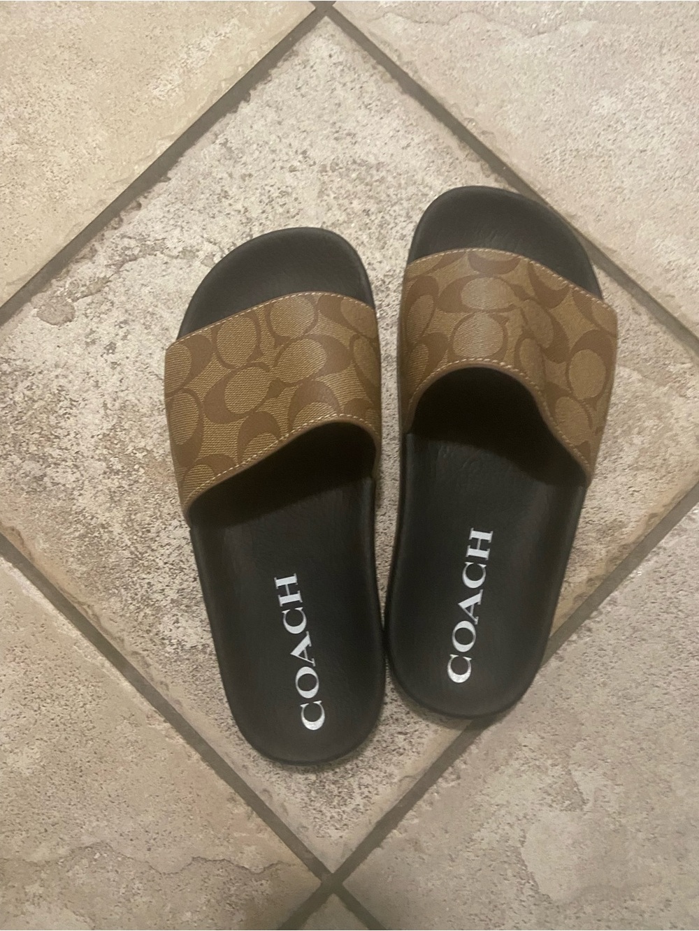 Coach Brown Signature Slide Sandals with Black Footbed